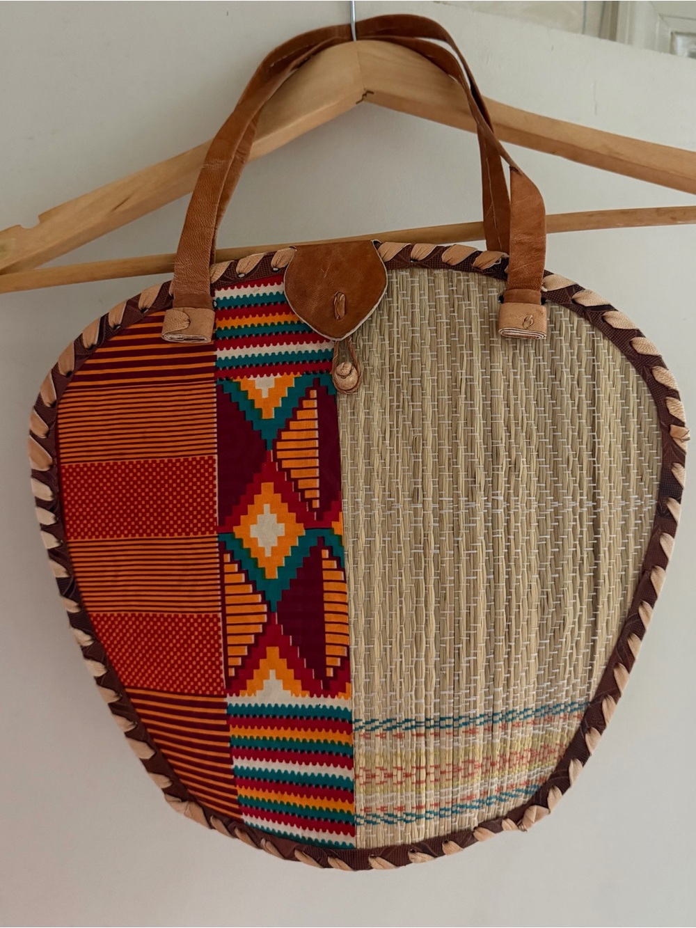 Handwoven Multicolor Straw Tote Bag with Patterned Fabric Panel
